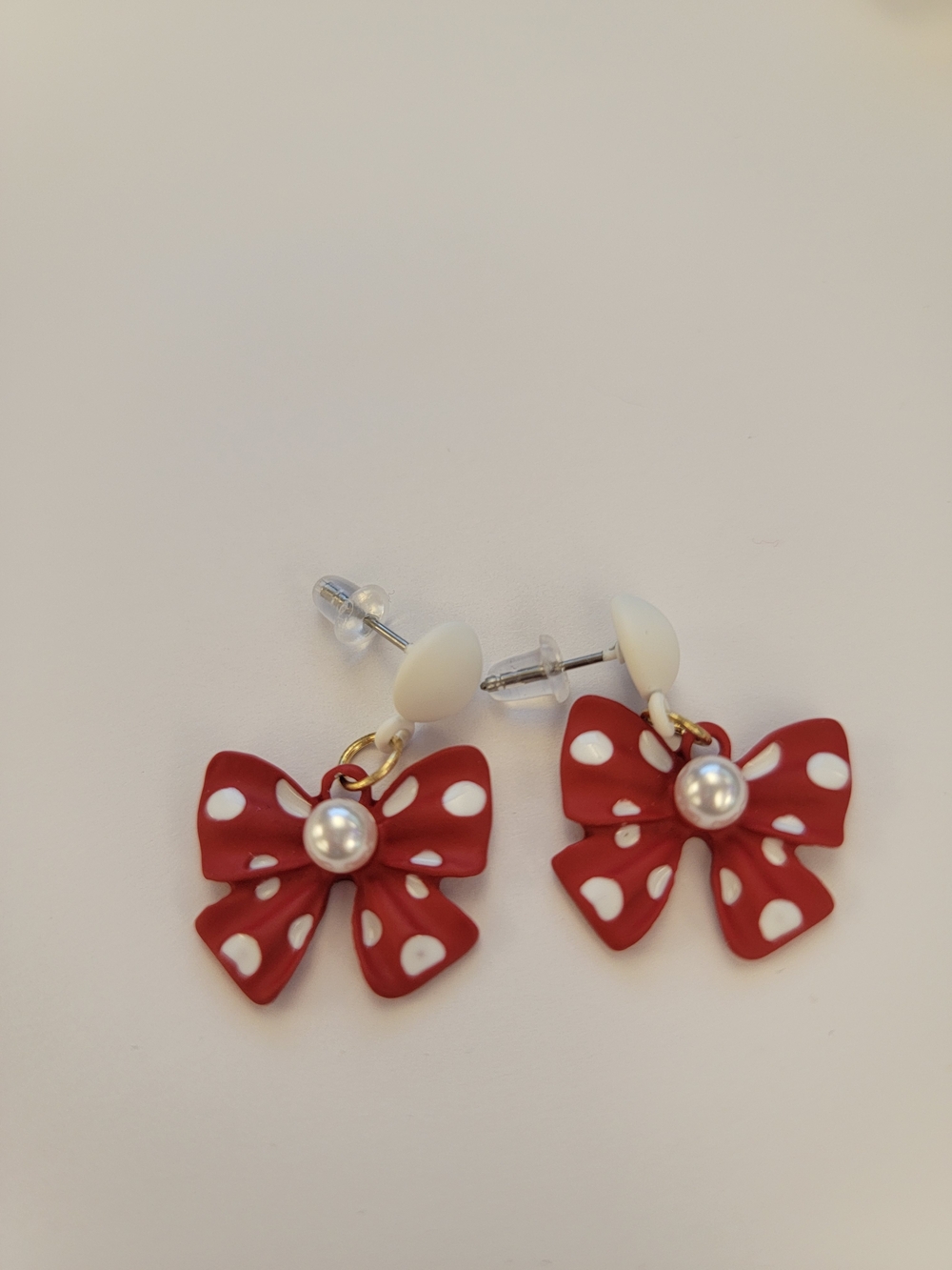 Red Polka Dot Bow Earrings with Pearl Accent